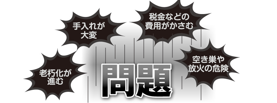 問題　老朽化が進む　手入れが大変　税金などの費用がかさむ　空き巣や放火の危険